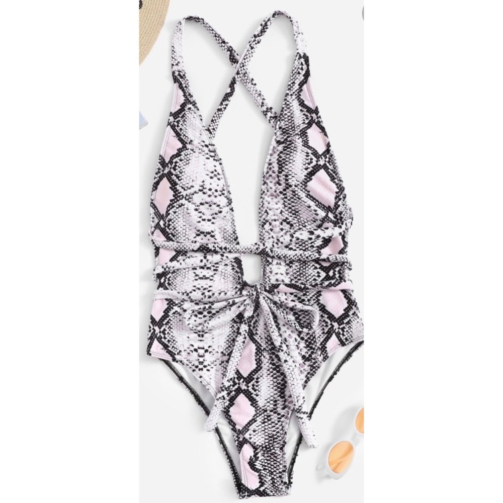 Snakeskin Criss Cross Backless One Piece Swimsuit